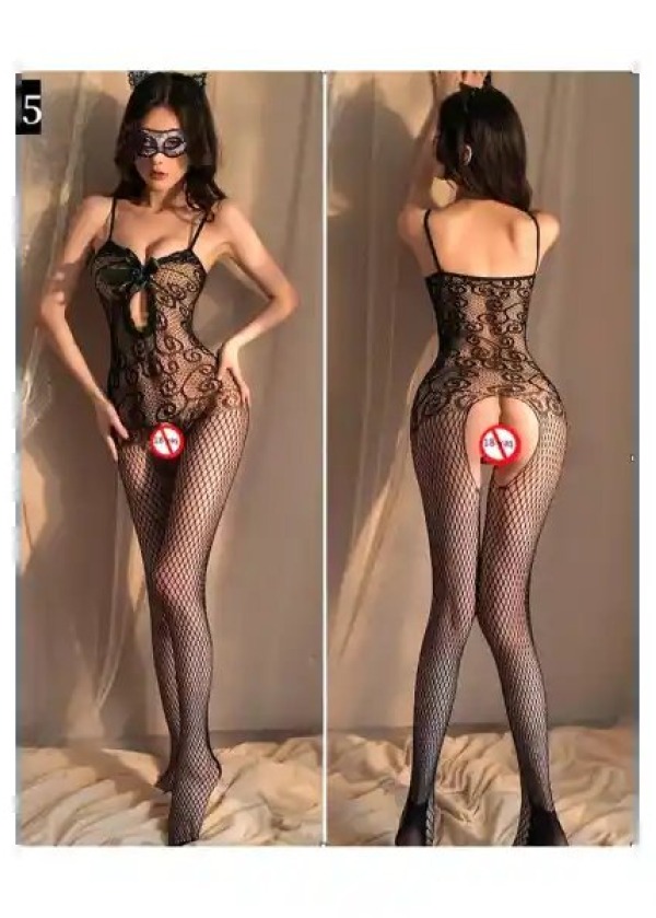 Kadın Siyah Dantel Büyük Beden Uyumlu Fantezi Vücut Çorabı